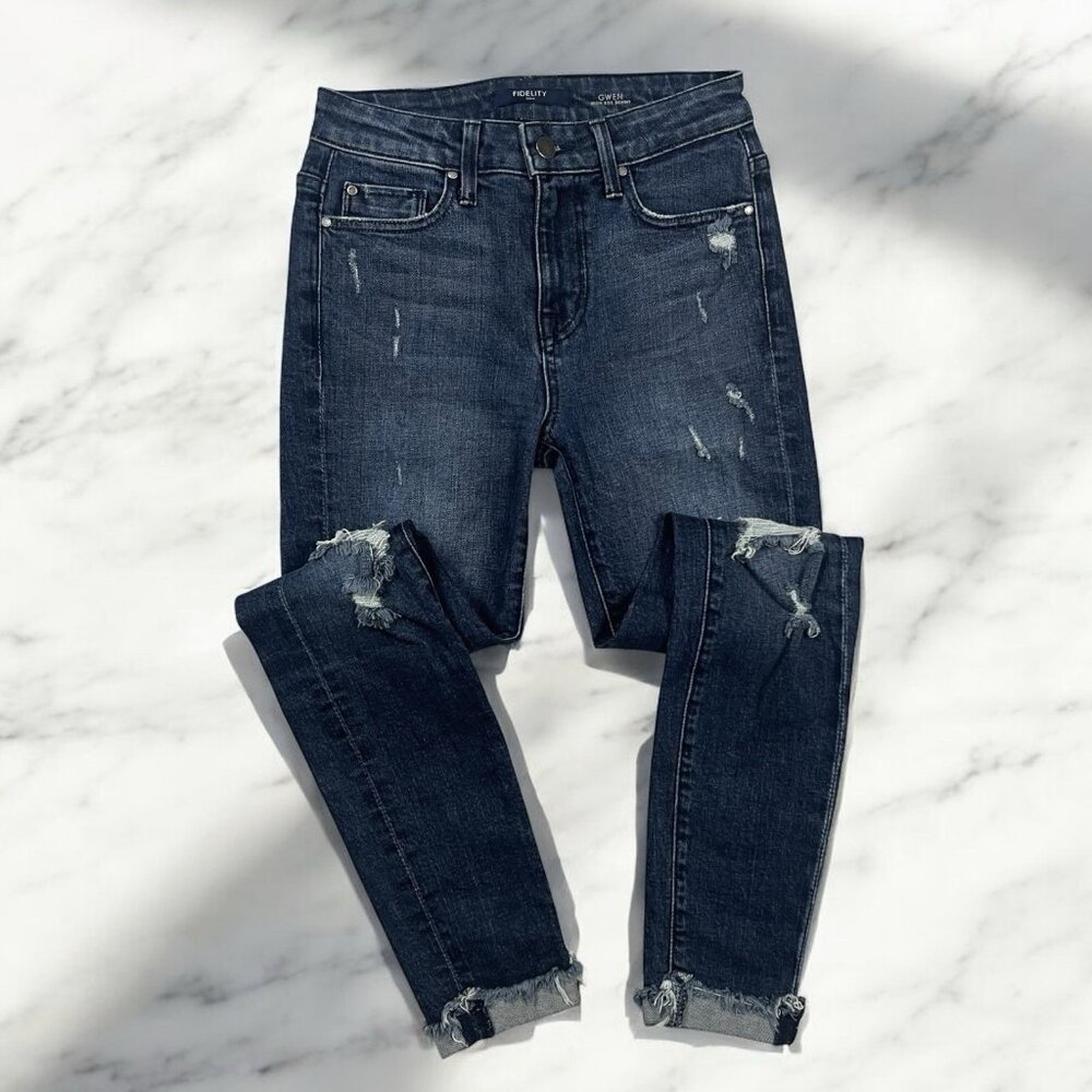 Fidelity Gwen High Rise Skinny Jeans Size 24 Waist Abbot Vintage W/ Holes Cuffed